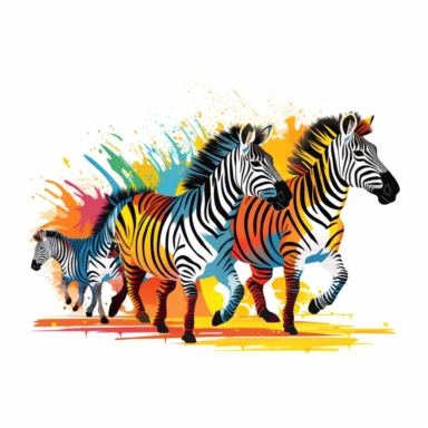group of cute zebras, running freely in the open plains, bold colors, clipart, on a white background