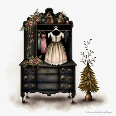 dark academia, christmas dresser, fairytale, folk art, watercolor, white background, clipart