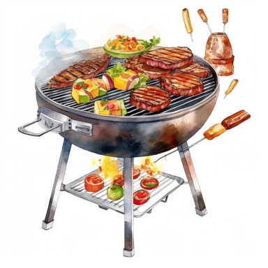 Watercolor BBQ Clipart - Barbeque grill kebab clipart , Watercolor Clipart , original hand drawing, style of the artwork, mood of the artwork, white background, 8K quality, ultra detailed , clipart, white background, High Quality, ultra detailed