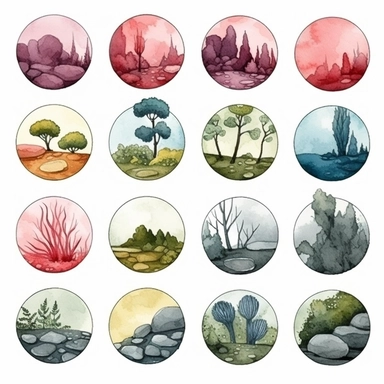 Watercolor wax seal , illustrations clipart set, simple , cartoon elements, rocks, bushes , different variants , , separate elements with a margin