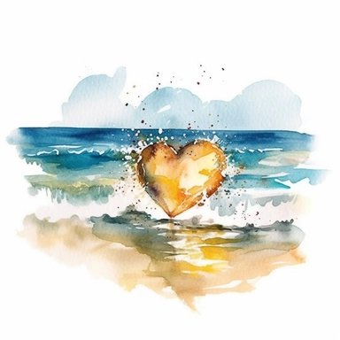 Beach Heart,Sunshine,Watercolor beach heart clipart, hd, on white background, spaced out ar 3:2-- s1000