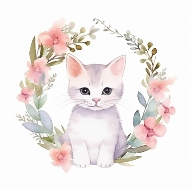 A cute cat in a dainty minimalist floral wreath, watercolour, magical, clipart, isolated white background, 8k