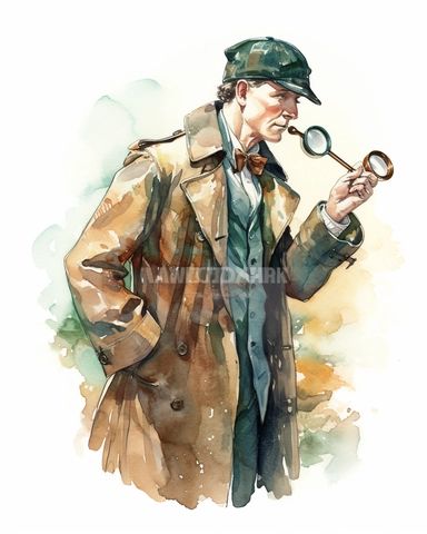 steampunk sherlock holmes looking at evidence through a magnifying glass, no watermark,watercolor clipart on white background