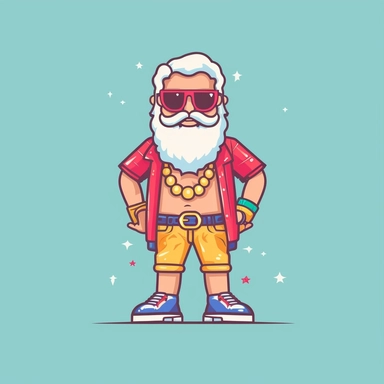 Create a flat icon-style illustration of Santa Claus as cartoon character with an 80s Miami vibe. He is wearing aviator sunglasses, a Hawaiian shirt, and a gold nickel chain. The illustration should depict a full body figure of Santa Claus against a white background. Use a vector style graphic similar to the vector minimalistic clipart stock images , with simple shapes and don't use outlines. Limit the color palette to just two colors.