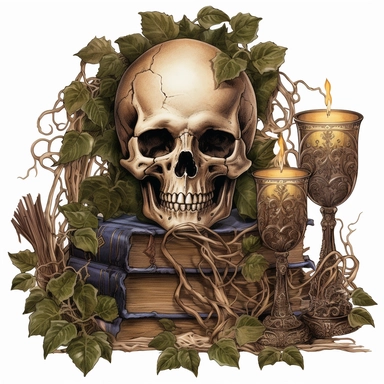 gothic clipart, skulls, books and ivy. goblets, candles