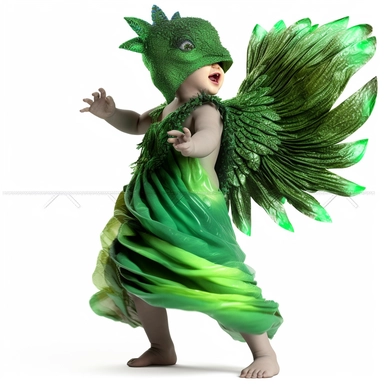 green baby girl Godzilla, looks like an alien, doing high step dance moves, wearing a designer dress made from Phoenix feathers , ultra high fashion, wearing ruby neck scarf, techno lighting, disney cuteness, plain white background, cutout clipart