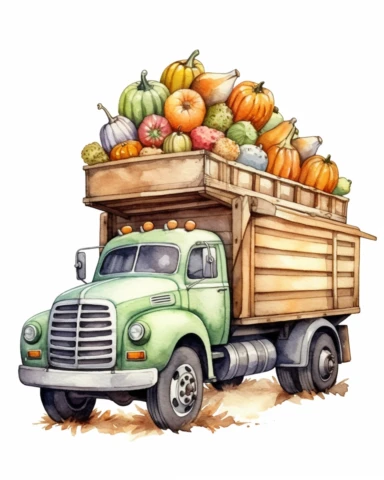 Watercolor clipart a cute farm truck wiyh loads of pumpkins, isolated on white background, hyper realistic, 4k