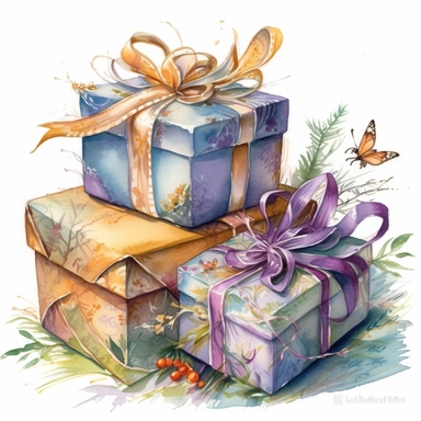 insanely beautiful pile of 3 gift packages , in the style of beatrice potter and jody Bergsma,32k uhd, hand-painted details, pastoral illustrations, amazing colour combinations , aquarellist, hd , white background clipart ,-- no watermark--ar 27:37