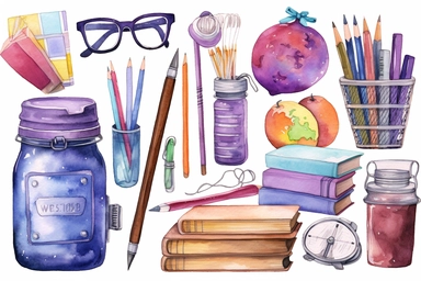 Watercolor School Clipart, Classroom Graphic, Teacher's Day, back-to-school kit, glue bottle, lunch bag, eraser, sharpener, paper clip, scissors, alarm clock, children's watercolor, calculator, ruler, globe, juice bag with a straw, notebook, purple marker, notebook sheet, glue brush, notepad, glasses, thick notebook, books, pencil case, echer, protractor, objects in the style of minimalist illustrator, child drawing, everyday objects, white background, high resolution,