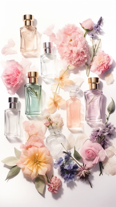realistic watercolor illustration. clipart. different shape of pastel perfume bottles with variation randomly placed on a white soft background. flowers. roots. sophisticated. made entirely out of different types of flowers and perfume bottles standing tall against a white background. The image is designed as a poster. perfect for printing and sharing with friends and family. knolling