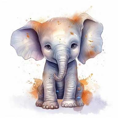 Watercolour animated whimsical cute baby elephant Disney inspired beautifully detailed perfect facial features perfect legs ultra highly detailed, 18k, sharp focus, bright photo with rich colours digitally enhanced, enhanced graphics, straight, sharp focus, bright lighting, intricate detailed png image ,high definition,300dpi,graphic clipart,computer graphics
