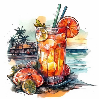 png clipart on a white background of a mesmerizing watercolor clear-lined illustration. The composition is central with a clear outline using bold and saturated complementary colors in the style of Studio Ghibli, the illustration is realistic and detailed depicting a beach bar with refreshing drinks
