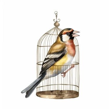 An endearing watercolor European goldfinch bird clipart of European goldfinch bird in cage 300DPI