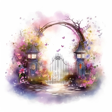 clipart, A charming blur fairy farm gate nestled amidst flowers, with twinkling lights and an inviting entrance, isolated on a white background with a wide margin.