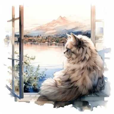 Watercolor Cute Ragdoll Cat sitting at her back in a wide window, and watching Mount Fuji in Japan,lake reflection of everything, architecture of houses, Clipart Watercolor By Yuzo Komori. clean line, white background, spaced out