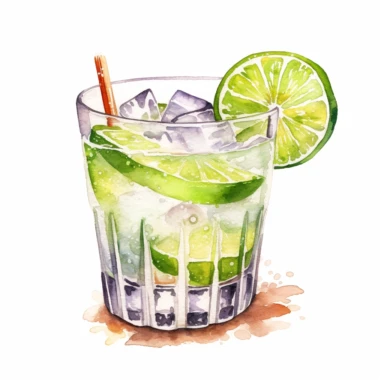 A playful Margarita with a salted rim and a slice of lime clipart, white background, watercolor sophisticated drawing