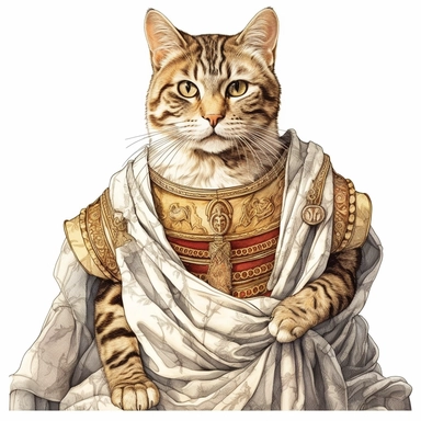collage quirky cool collage Ancient Roman cat Felis catus clipart, Wearing a formal dress, detailed, clean line, hd, on white background, spaced out