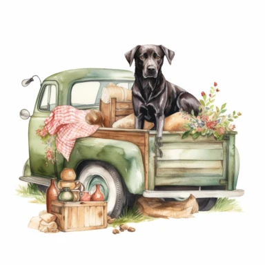 watercolor old farm truck with happy dog in bed, clipart, white background
