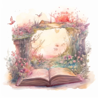 fantasy scene coming out of an open book, secret garden , florals, magical, watercolors, Clipart, pastel pink color theme