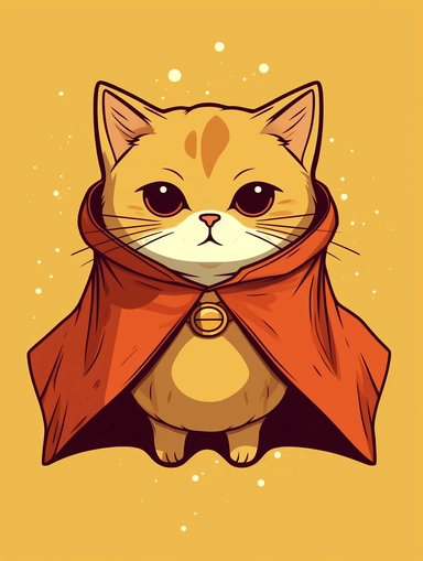 an ignorant cat looking annoyed wearing a cape, cat looks as if it's not interested in what is happening, vector illustration, clipart, outlines, portrait, cute, kawaii, extremely cute,