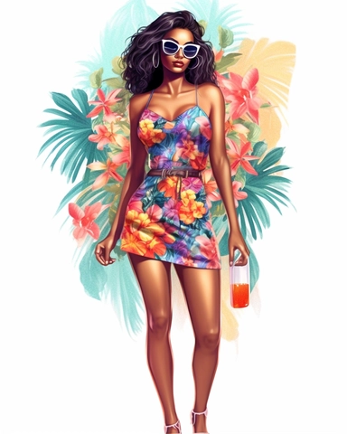 Realistic Digital Illustration of black girl magic Fashion Girl Clipart featuring diversity girl in stylish Fashion Nova tropical Floral Print Ruched Split Thigh Dress summer outfit. High-resolution watercolor illustration that captures the essence of a Lady Boss on vacation. Used for social media graphics, apparel designs, ultra clear detailed bold colors