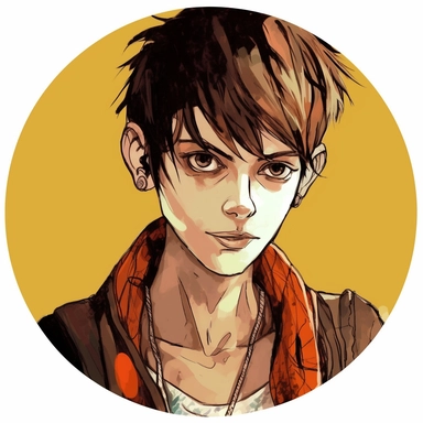 fashionable serious skinny young man desert punk bandanna DJ Qualls, Josh Kirby Mad Max Lord of the Rings, handpainted enamel punk zine indie retrowave, clipart illustration, circular frame solid background, circular border