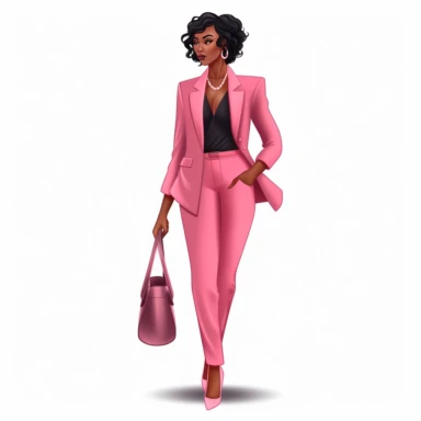 Professional black woman pink pants suit, facing camera, very fashionable, happy, confident, carrying small designer handbag, wearing high heels and bold jewelry. Illustration style, clip art