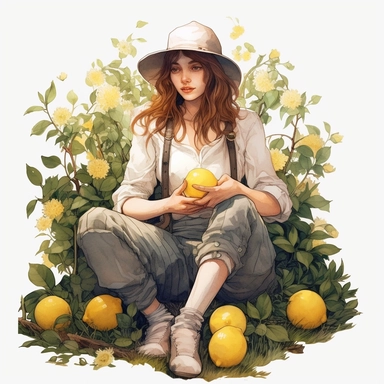front illumination of ultra realistic watercolor of full body of an insanely beautiful Edwardian era farm girl, sitting on the field with some lemons next to her, lemon themedhighly detailed and realistic, insane quality, mystic, wiccan, art nouveau art style, clipart witchcore dreamcore cottagecore white background no text, isolated on white, ghibli style, watercolor illustration, award winning
