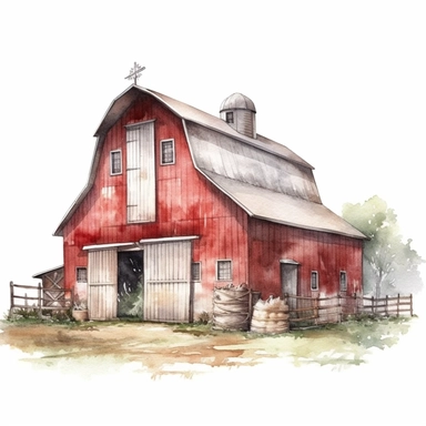 clipart, Watercolour, hand drawn, highly realistic, muted tones, beautiful, red farm barn, whole barn, white background, just barn nothing else