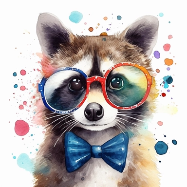 please create watercolor clipart of a raccoon smiling, wearing party GLASSES AND BOW TIE and bubbles, colorful, WHITE BACKGROUND