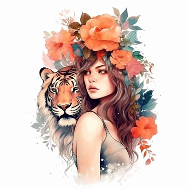 Girl with tiger and flowers, illustration clipart, detailed, black outline, white background, digital art, watercolor