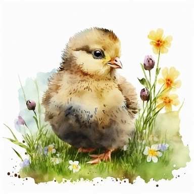 clipart watercolor cute baby chicken small on the grass on the village flowers