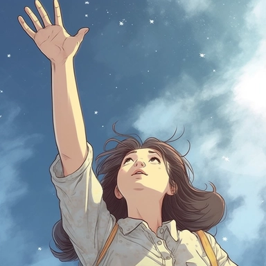 A hand drawn illustration clipart of a girl reaching out in the Sky. webtoons, detailed and realistic hands, plain uniform sky, set on interstellar space,bright summer day, by Du Qiong,connecting life,