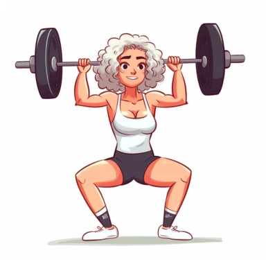 White Female Olympic weightlifting, Blond hair, squatting with barbell over head, detailed face, detailed hands, long beautiful hair, sports clothes, cartoon art, clipart style, solid white background