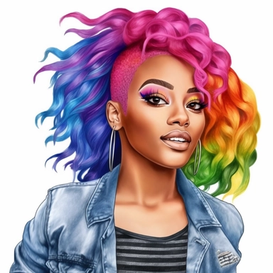 black African American woman with rainbow hair portrait clipart, watercolor style, hyper realistic, detailed, white background