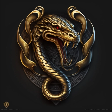 snake logo clipart, logo, snake head, heraldic, logotype, clipart, golden, gold material, front, detailed, dark background, golden chrome, exiting