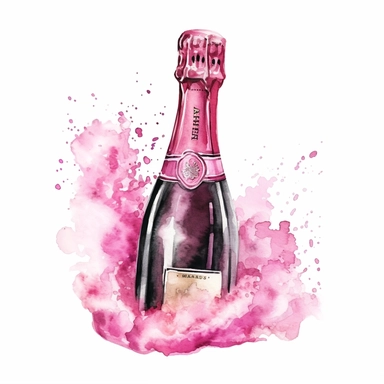 Watercolor pink and black birthday Champagne bottle open pop drawing, illustration clipart, high detailed, white background, digital art