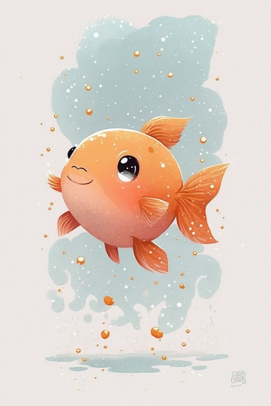 children's book illustration of a cute goldfish, stars, smooth watercolor details, in the style of Pixar, superb color, outline, nursery art, popular on pinterest, clipart, trending on artstation, minimalist, flat design, white background, insane deails, intricate details