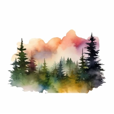 misty mountains in the distance, tall forest trees, watercolor clipart, bright colors, minimalist, isolated white background, 8k