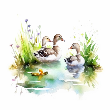 create an image of a pond with baby geese swimming on a white background, clipart, watercolor, 8k, vibrant