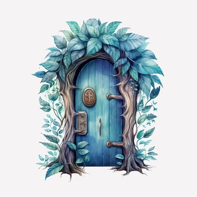 Watercolour beautiful azure blue realistic forest fairy door with realistic perfectly detailed forest leaves beautiful realistic details perfect forest fairy door magnificent details beautiful compelling realistic PNG image,ultra highly detailed, 18k, sharp focus, bright photo with pastel colours digitally enhanced, enhanced graphics, straight, sharp focus, bright lighting, intricate detailed png image ,high definition,300dpi,graphic clipart,computer graphics