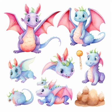 Dragons watercolor clipart, cute dragon PNG, nursery wall art, boys clipart, kids party, baby shower, white background