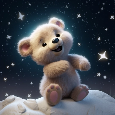 playful cartoon of a happy baby bear under the moonlight and stars, clipart, details 3d soft photorealism,Unreal Engine 5 rendering