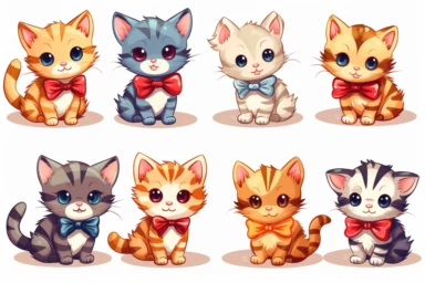 9 sets of a cute baby kitten Munchkin, smile,round face,round head,Wearing a flower bow tie,different poses,different breeds, clipart, isolated on white background, spaced out,