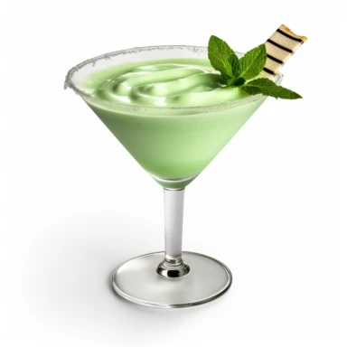 Classic grasshopper cocktail, no garnish, creamy mint green liquid in a martini glass, bold color, retro neon style, photorealistic, high-resolution photography, transparent background PNG clipart – ar 16:9