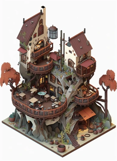 enamel 3D isometric bohemian medieval fantasy steampunk luxurious tavern inn onsen, ukiyo-e clipart illustration, white background