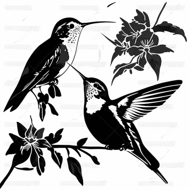 art decal clipart, silhouette, black and white, cartoon cute 2 humming birds