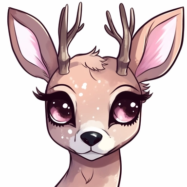 clipart illustration dusty pink deer with huge bambi massive brown eyes long eyelashes black outline he is innocent cliparT white background 32K HD