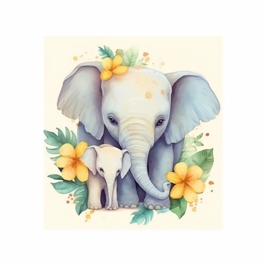 Cute Floral illustration, Realistic Adorable Baby Elephant Hugging His Mom, Happy Clipart, Nursery Style Clipart, Nursery Animals Art, Kids Wall Art, Kids Room Decor, Baby Room Decor, Isolated on White, Ultra - Detailed, High Quality, Ghibli Style, Award Winning