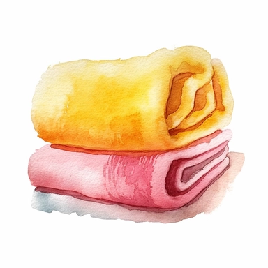 basic watercolor pink towel with yellow accent in minimal hand drawn style, Etsy, textured, clipart, white background